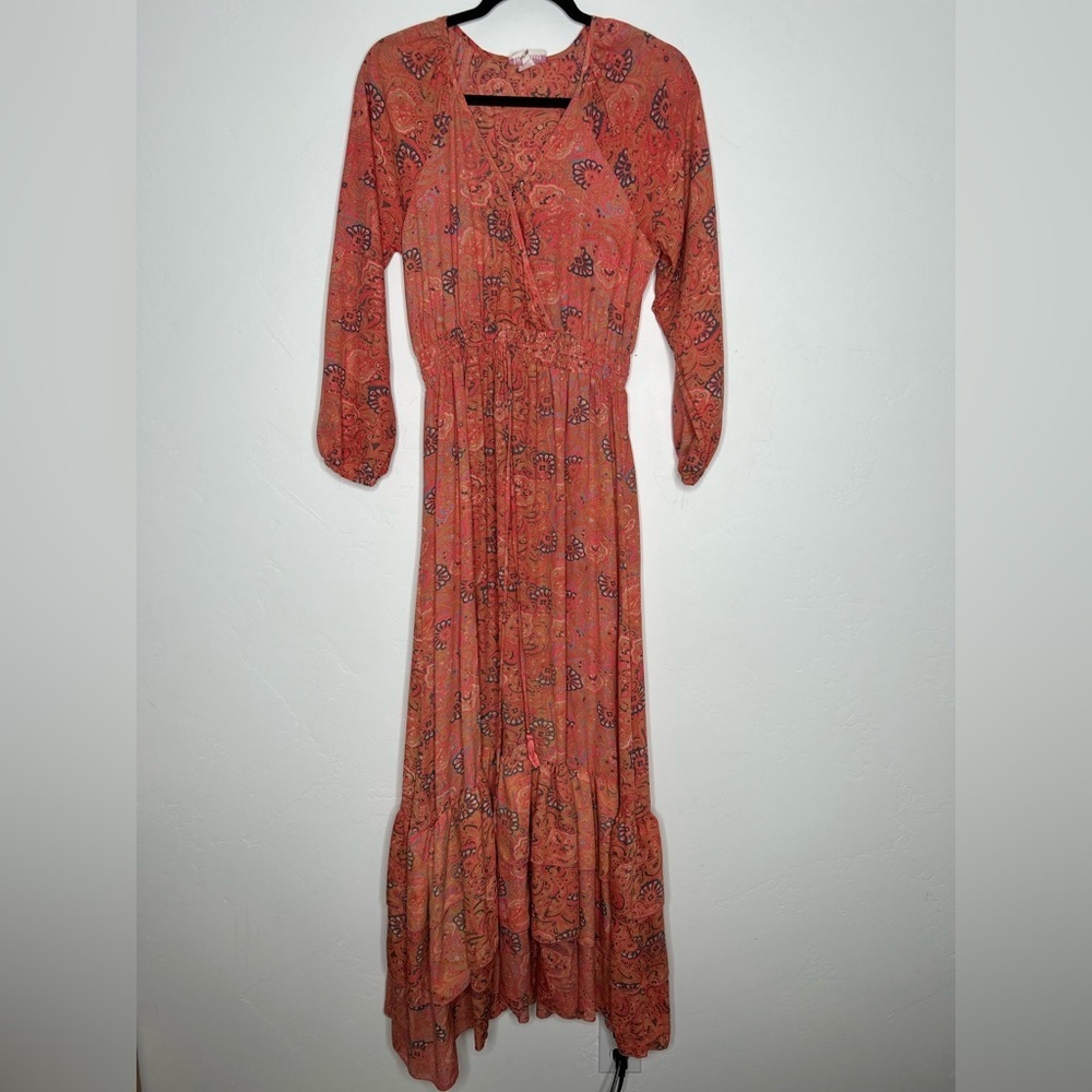 Boemo Long Sleeve Coral Blue Paisley‎ Tiered Maxi Dress Size Small Bohemian